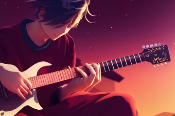 Obraz na płótnie Canvas Anime boy playing the guitar. 3d-render 