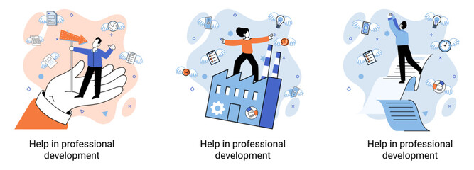 Help in professional development metaphor. Qualified employee training program. Refresher course. Human resource management organization. Business education workshop. School personality growth in team