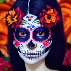 The day of the dead Calavera Catrina. Woman with traditional sugar skull makeup. 3D illustration.