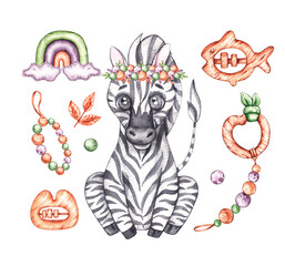 Watercolor zebra on a white background with boho-style toys