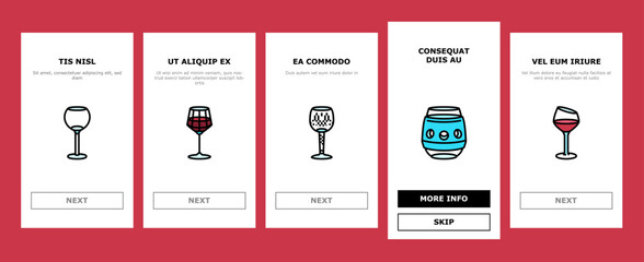 wine glass red drink alcohol onboarding mobile vector. cup bar, merlot party, cabernet bottle, champagne liquid, restaurant, goblet wine glass red drink alcohol color line illustrations