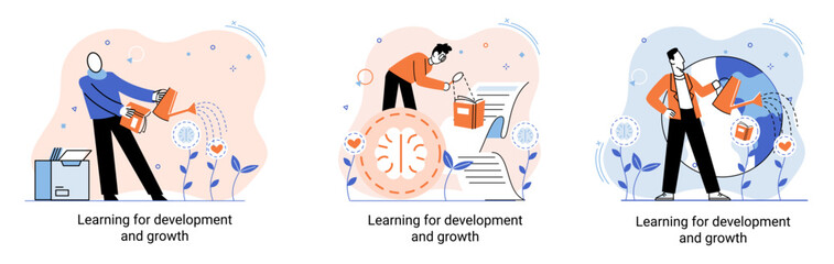 Learning development and growth. Self-learning metaphor, online emoloyee education distance e-learning. Skill improvement. Self development program way to success. Goal achieving professional training