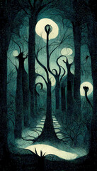 Haunted forest creepy landscape illustration. Fantasy Halloween forest background. 3D illustration.