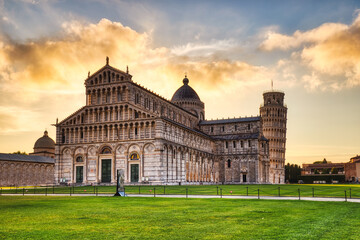 Pisa Leaning Tower Torre di Pisa and the Cathedral Duomo di Pisa at Sunrise, Pisa
