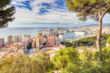 Panoramic Aerial View of Bull Ring in Malaga during a Sunny Day