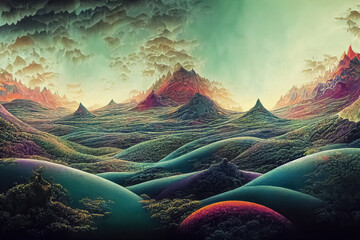 Fototapeta premium Psychedelic surreal landscape. Digital 3D illustration of spiritual journey insight. Fantasy scene.