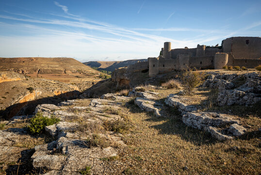 the medieval castle of Caracena village at sunrise, Tierras del Burgo, province of Soria, Castile and León, Spain