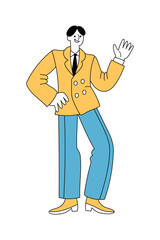 Cheerful man in retro 1960s or 1970s clothes walking and waving hand
