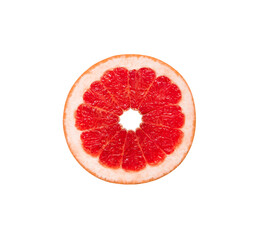 Sliced red grapefruit on transparent background closeup. Juicy ripe fresh citrus fruit grapefruit.