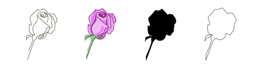 Set of roses in style-one line, doodle in pink, outline and black silhouette. Rose bud. Stock vector illustration isolated on white background.