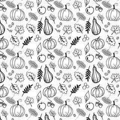 Autumn seamless pattern with pumpkins and leaves 