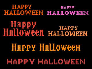 Happy Halloween text pixel art style. Pixel lettering set. Festive banner with text in the style of an 8-bit video game from the 80s - 90s. Design for app, banner and poster. Vector illustration