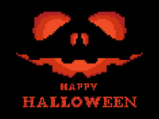 Happy Halloween scary pumpkin face pixel art style. Evil scary eyes carved in a pumpkin. Retro 8-bit video game of the 90s in 2D. Design for games, apps, banners and posters. Vector illustration