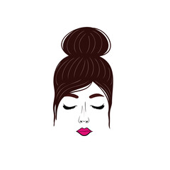 Female hair bun and beauty face. Vector Illustration for printing, backgrounds, covers and packaging. Image can be used for greeting cards, posters, stickers and textile. Isolated on white background.