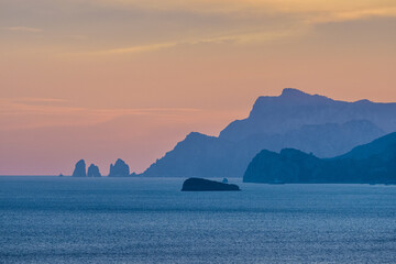 Sunset view from La Gavitella beach in Praiano, Amalfi Coast, Italy