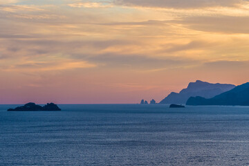 Naklejka na ściany i meble Sunset view from La Gavitella beach in Praiano, Amalfi Coast, Italy
