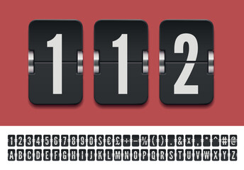 Airport terminal mechanical flip scoreboard font with numbers to display emergency information or departure timetable. Vector illustration.