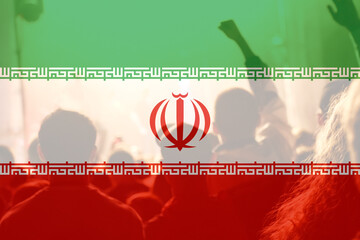 Defocus protest in Iran. Conflict war over border. Fire, flame. Country flag. Woman low rights. Out...