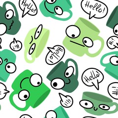 Doodle cartoon seamless tea coffee cups pattern for menu and kids clothes print and wrapping and kitchen and fabrics