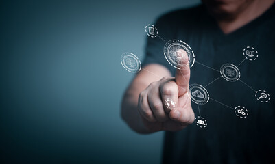 Young man pointing on Artificial Intelligence online system technology.
