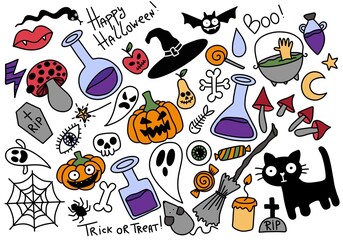 Halloween set doodle cartoon for stickers and fabrics and kids and accessories and notebooks and hobbies and decorations
