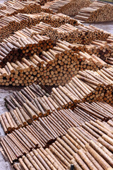 entrindete Baumstämme in einem Rundholzlager