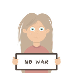 A child with a placard no to war. Vector illustration isolated on white background