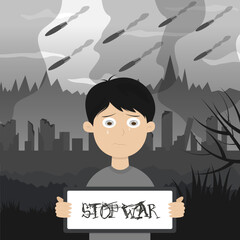 A child with a poster stop the war. Vector illustration