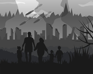 the family is fleeing the war. vector illustration