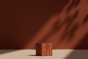 Modern wood pedestal or podium for product showcase. Boxe shape pedestal. Orange background. Empty stage. 3d render illustration