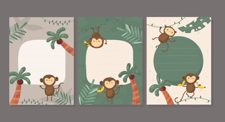 Birthday card with monkey for celebration design. Tropical design with palm and banana leaves. Happy birthday flyer 