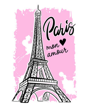 Paris print T-shirts and card. Hand lettering. Design for girls. Fashion illustration drawing in modern style. Girlish print with Eiffel Tower