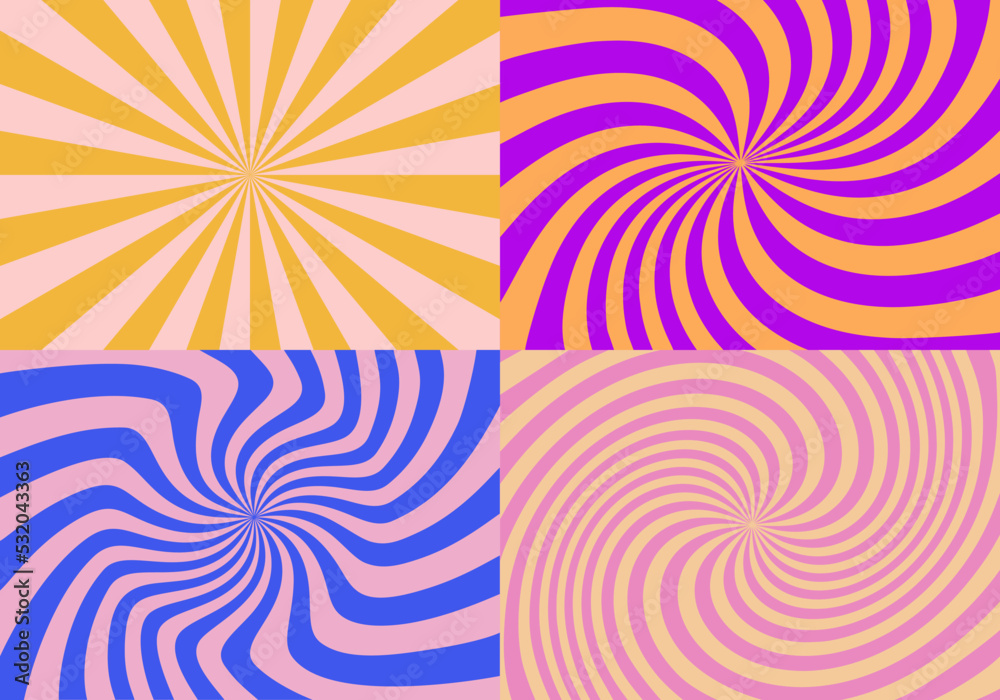 Aufkleber Sun Burst Abstract Background Set. Psychedelic Retro Style Texture. Vintage Pattern. Sunburst Light Banner. Vector Illustration
