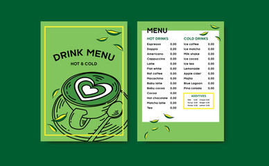 Vector flat design menu with hot and cold drinks for coffeeshops, restaurant, confectionery and other business