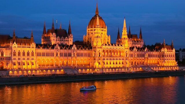 illuminated Hungarian Parliament Building Hungary. 4K