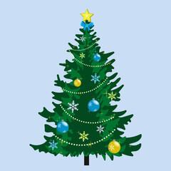 Cristmas tree with christmas decoration, star, balls, snowflakes, blue background. Vector illustration