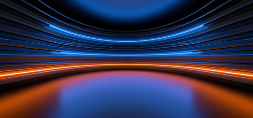 Sci Fy neon lamps in a dark corridor. Reflections on the floor and walls. 3d rendering image.