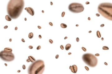 Coffee flying bean background. Black espresso grain falling. Rustic coffee bean fall on white...