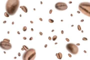 Coffee flying bean background. Black espresso grain falling. Rustic coffee bean fall on white background. Represent breakfast, energy, freshness or great aroma concept.