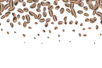 Coffee falling bean background. Black espresso coffee bean flying on white. Aromatic grain fall isolated. Represent breakfast for energy and freshness concept.