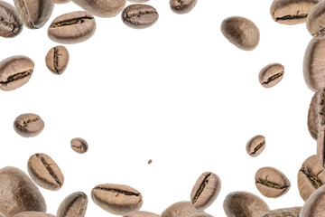 Coffee beans flying background. Black espresso grain falling on white. Rustic coffee bean fall isolated. Represent breakfast, energy, freshness or great aroma concept.