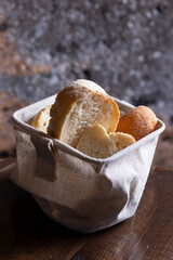 Basket of bread on a restaurant table (detail)