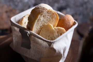 Basket of bread on a restaurant table (detail)