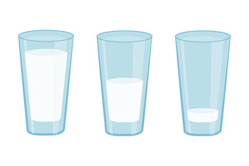 Three glasses of milk: empty, half full and full. Cartoon illustration isolated on a white background.