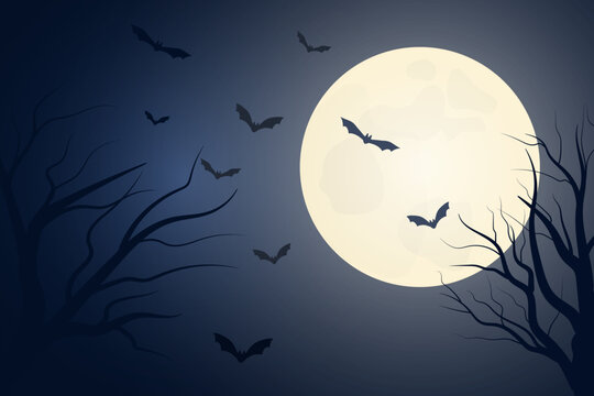 Night, bats and full moon spooky halloween background