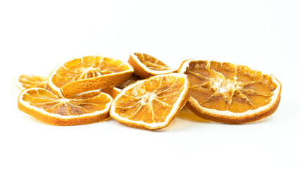 Dried orange slices. Group of dried orange slices isolated on white background. Selective focus