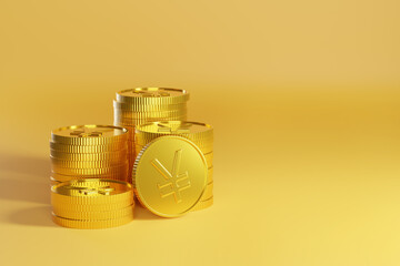 Golden coins with yuan/yen sign on yellow background with copy space. 3d illustration.