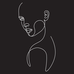 Woman face line vector illustration. Continuous line minimalistic art. Black and white. Black background. One line drawing.