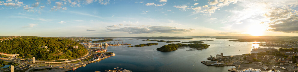 Beautiful aerial panorama Oslo Norway at sunset - obrazy, fototapety, plakaty