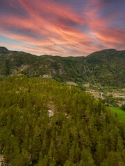Vertical aerial photo of Norway green mountains